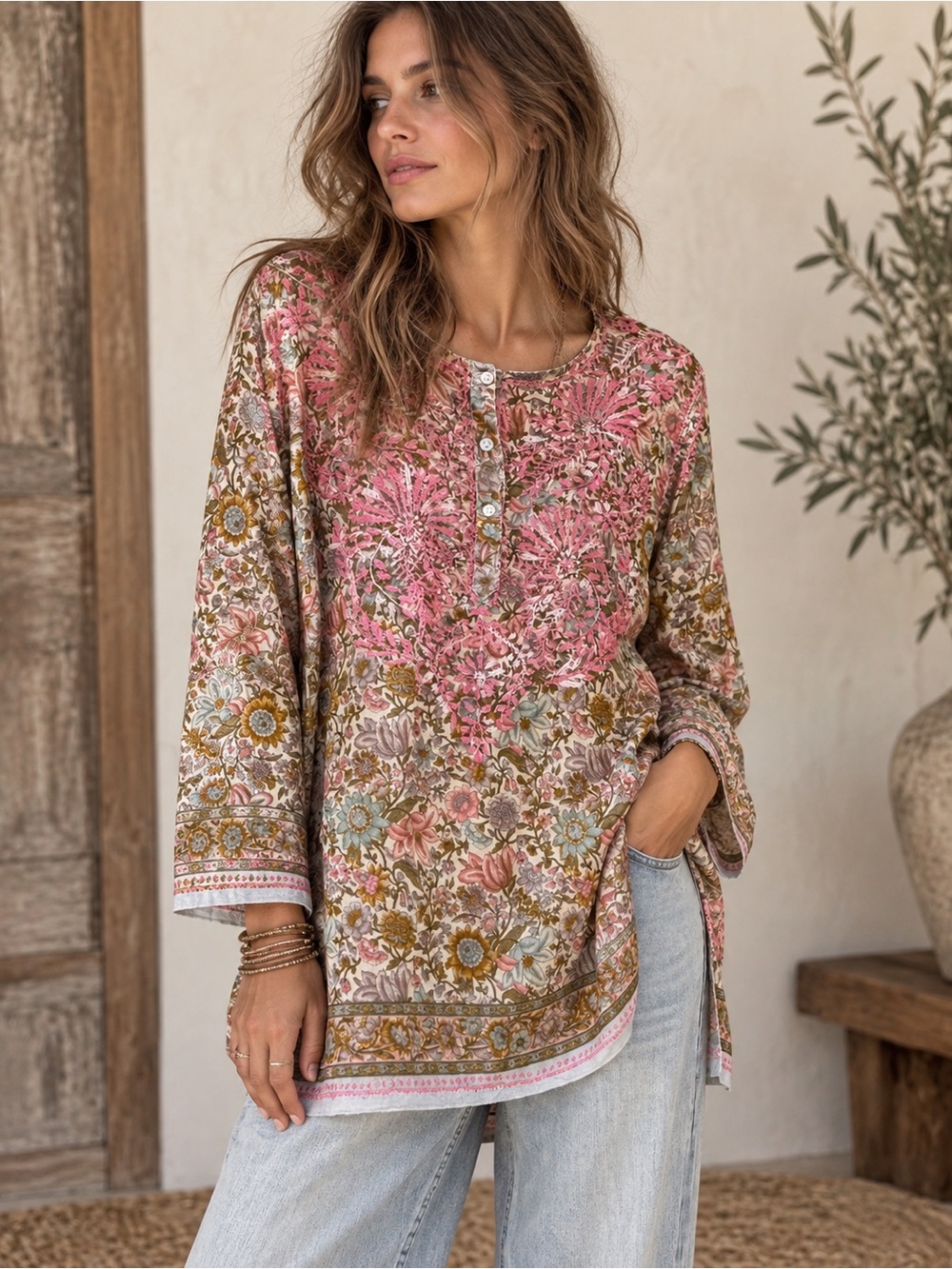 Dolma Silk Floral Tunic Top Boho Chic Pink Button Front Long Sleeve Embroidery L